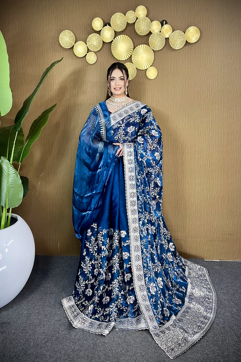 Teal Blue jemi Chu Georgette Siroski Stone party Saree